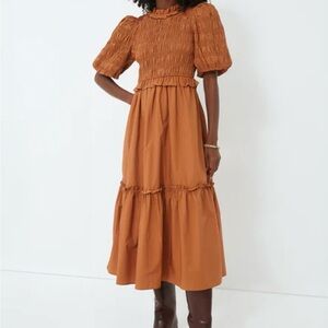 MOON RIVER: Exclusive Caramel Bubble Sleeve Smocked Midi Dress